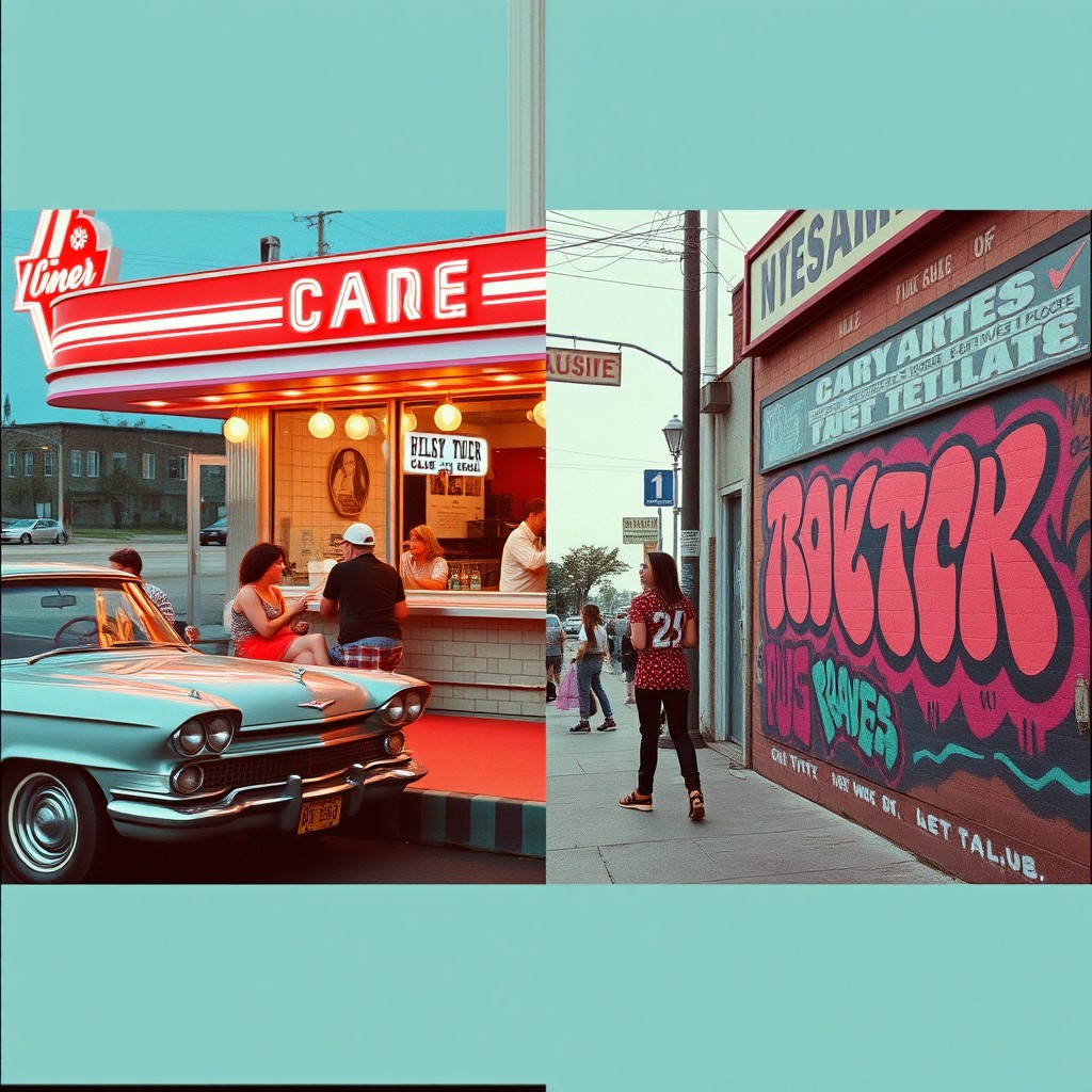 A split image showcasing two photographs side by side in a vintage 90s style