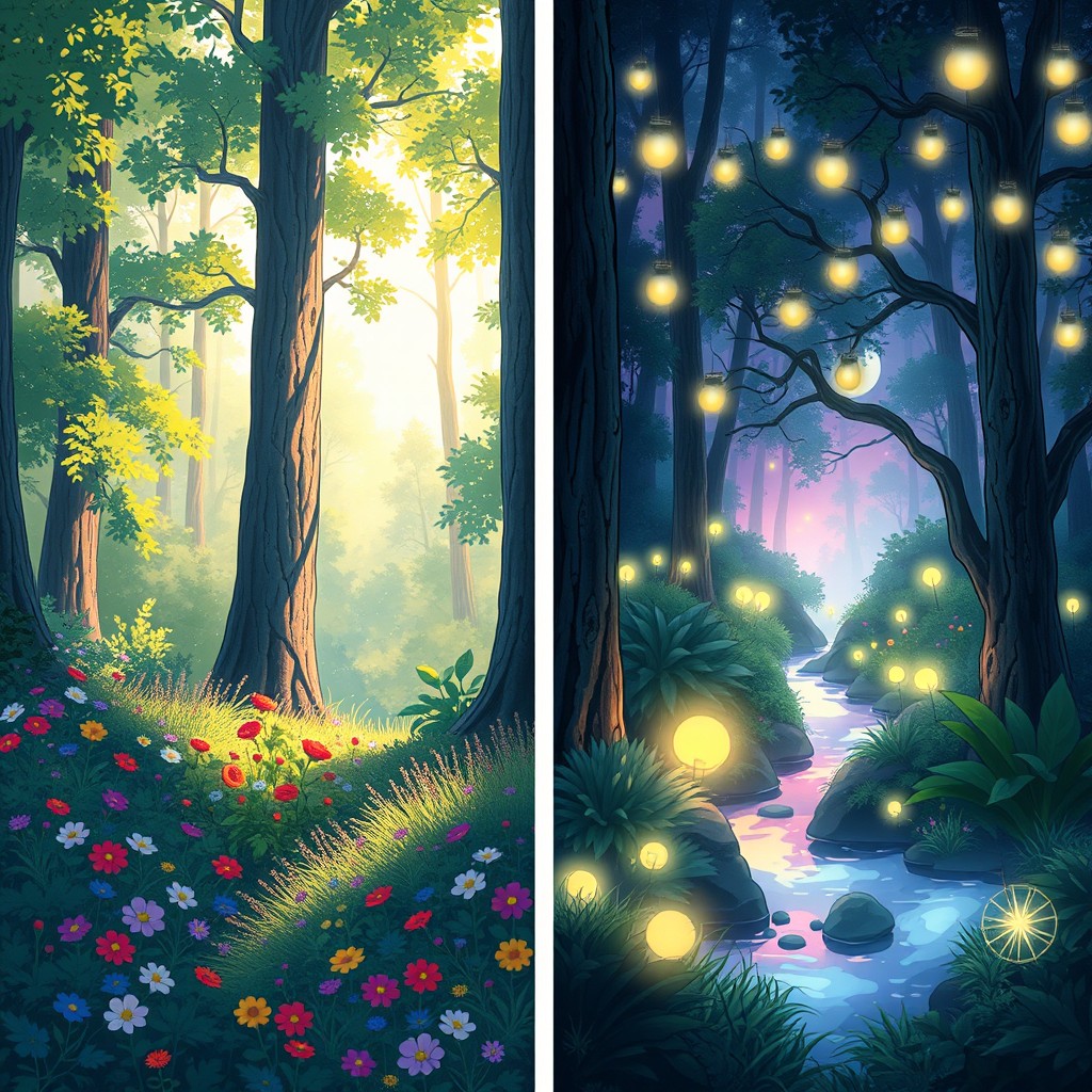 A side-by-side illustration in the style of Studio Ghibli, depicting two enchanting forest scenes: on the left, a lush, vibrant forest with towering trees, colorful wildflowers, and a soft dappled sunlight filtering through the leaves