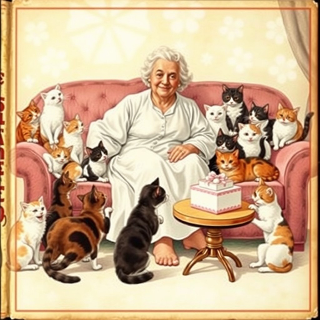 A charming, vintage book cover illustration featuring an 83-year-old woman sitting comfortably on a cozy couch