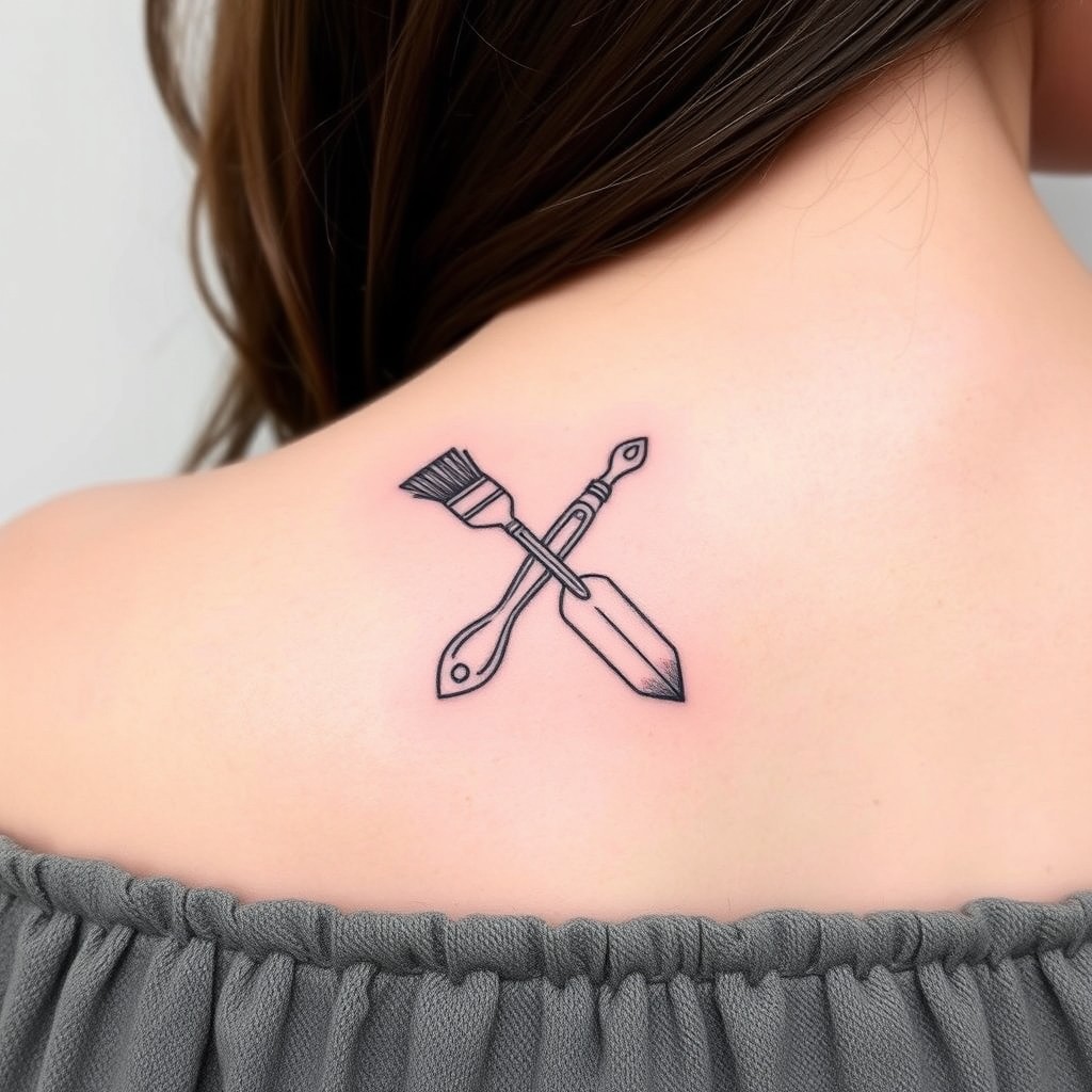 A small tattoo design on a woman's shoulder featuring a painting brush and a Mason trowel crossing each other like the letter X