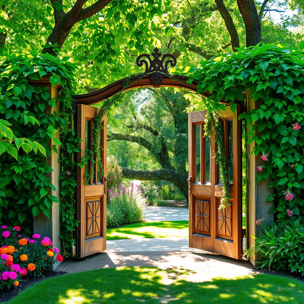 An inviting garden gate swinging open, framed by lush green foliage and colorful flowers