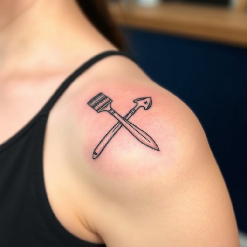 A small tattoo design on a woman's shoulder featuring a painting brush and a Mason trowel intertwined in a crossed formation resembling the two lines of the letter X