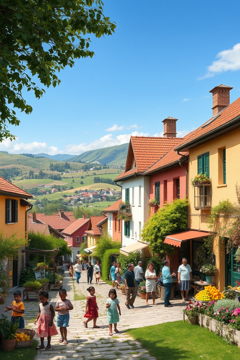 A picturesque scene depicting life outside a bustling small town, featuring traditional houses with colorful facades, lush greenery surrounding the buildings, and people going about their daily routines