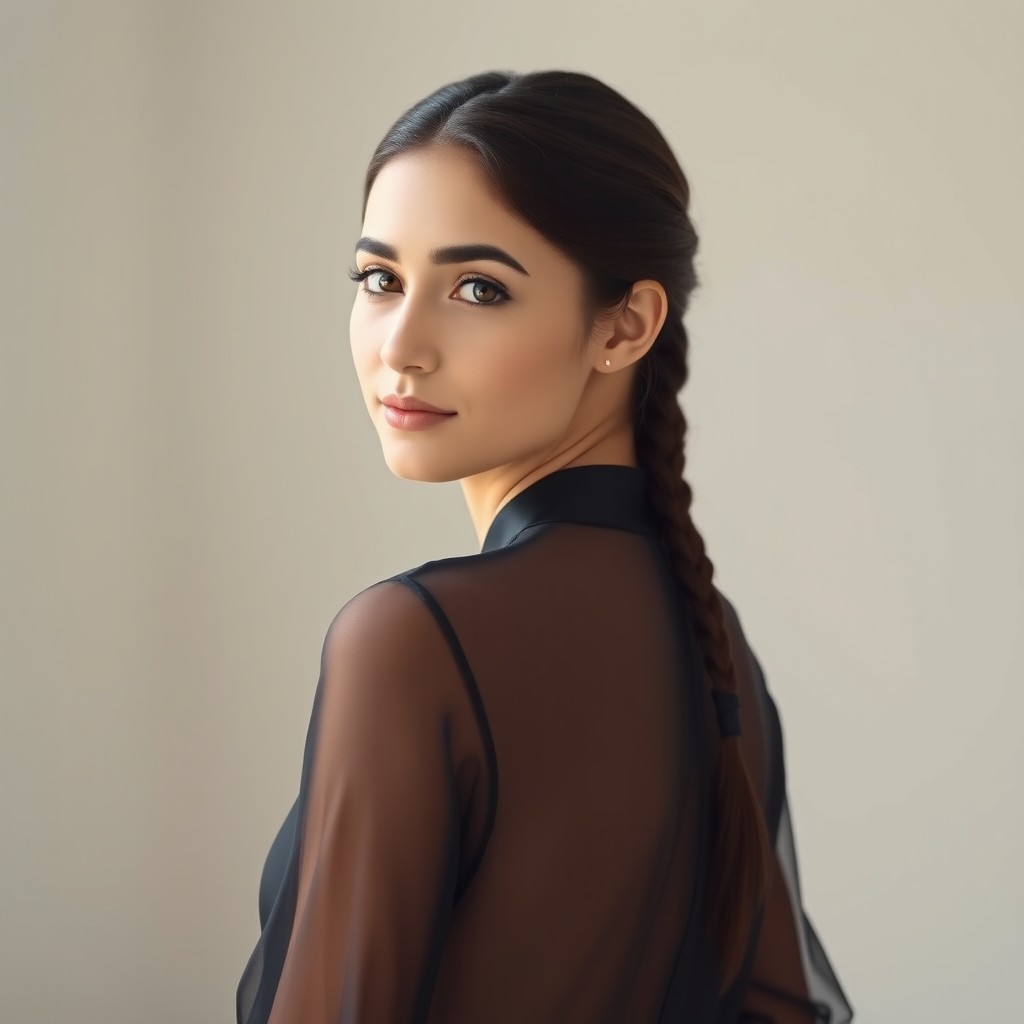 A beautiful Iranian girl with her hair braided at the back, wearing a thin black silk blouse that subtly reveals her figure