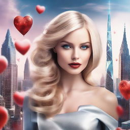 A photorealistic image of a stunning blonde woman with her hair gathered up, styled in luxurious fashion amidst a futuristic city landscape, with elements of a Saint Valentine's Day theme.