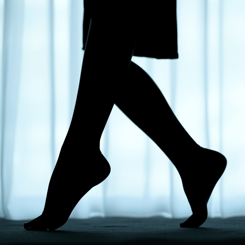 A silhouette of a confident woman standing gracefully in a relaxed pose, showcasing her beautiful feet