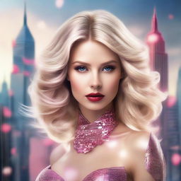 A photorealistic image of a stunning blonde woman with her hair gathered up, styled in luxurious fashion amidst a futuristic city landscape, with elements of a Saint Valentine's Day theme.