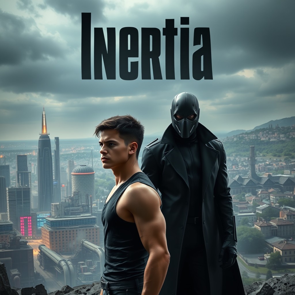 A dramatic scene featuring two main characters in the foreground