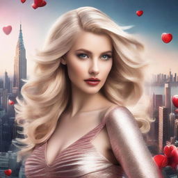 A photorealistic image of a stunning blonde woman with her hair gathered up, styled in luxurious fashion amidst a futuristic city landscape, with elements of a Saint Valentine's Day theme.