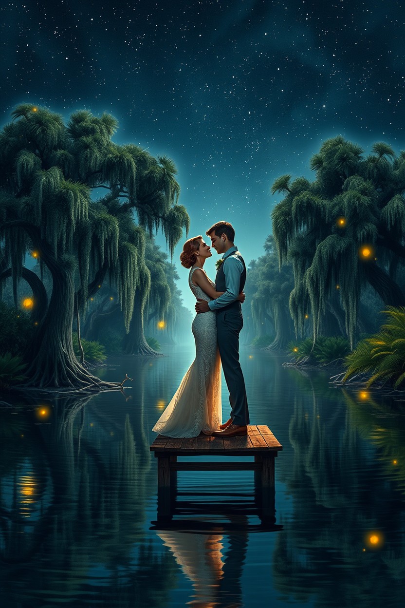 A picturesque scene depicting star-crossed lovers in a mystical bayou
