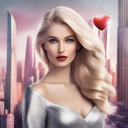 A photorealistic image of a stunning blonde woman with her hair gathered up, styled in luxurious fashion amidst a futuristic city landscape, with elements of a Saint Valentine's Day theme.