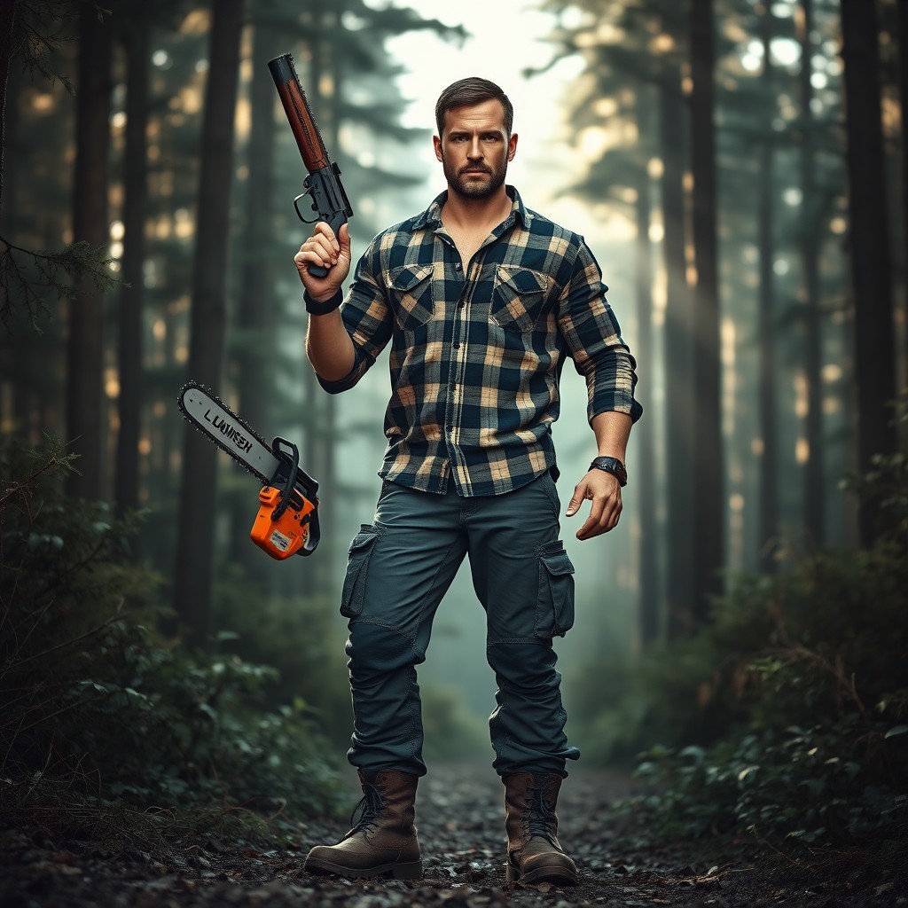 A rugged, muscular man standing confidently in a dramatic forest setting, holding a hunting gun in his right hand and a chainsaw in his left hand