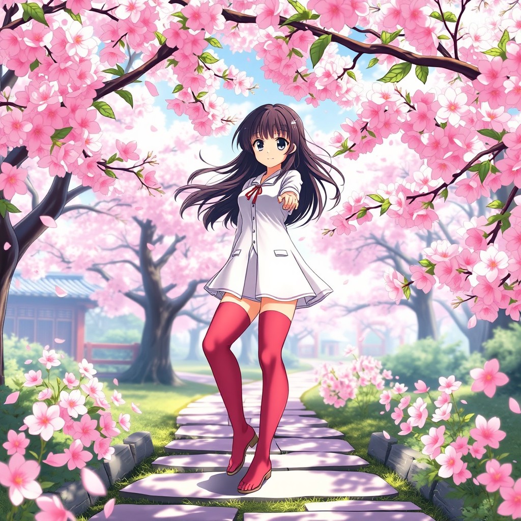 An anime-style illustration of a vibrant scene featuring a young woman standing in a beautiful Japanese garden filled with blooming cherry blossom trees (sakura)