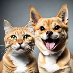 A cat and a dog portraying expressions of anger with fur bristled, teeth showing and eyes glaring.