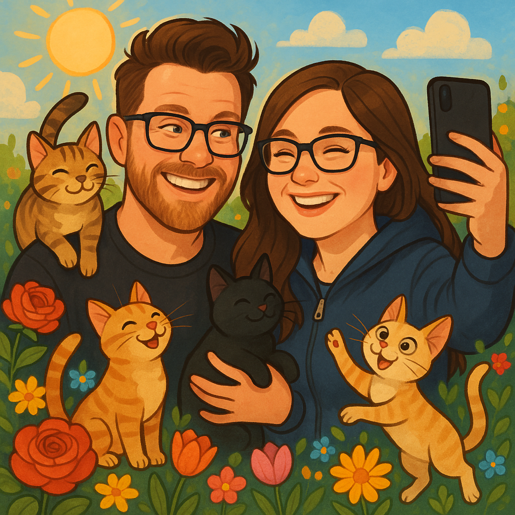 My wife and me together in flower and Cats