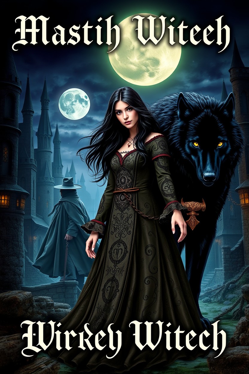 A mystical book cover featuring a medieval witch standing in a dark, enchanting city at night