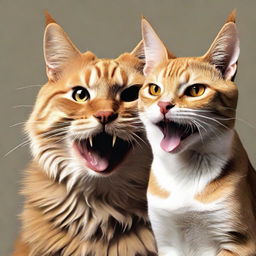 A cat and a dog portraying expressions of anger with fur bristled, teeth showing and eyes glaring.