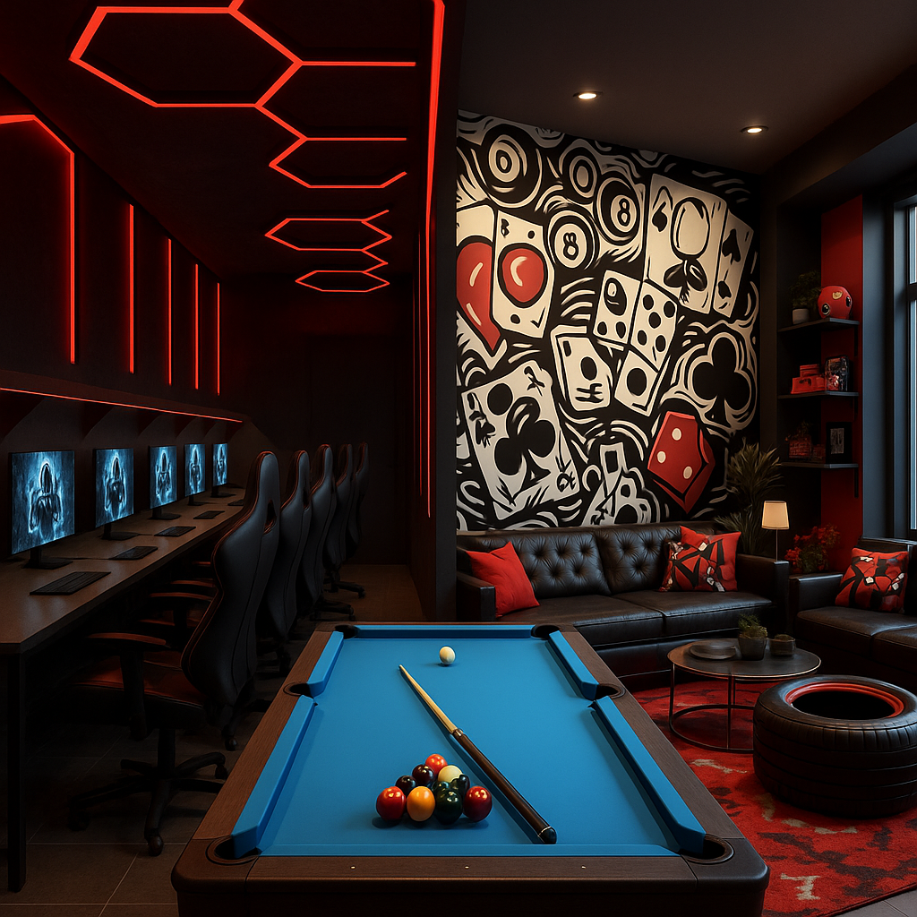 Sleek Modern Gaming Room with Trendy Pool Area