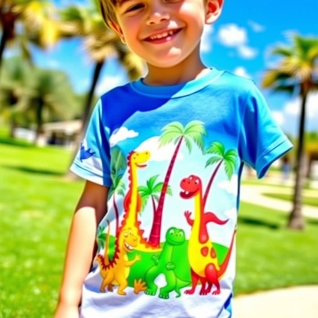 A young boy wearing a vibrant t-shirt featuring a colorful, fun print of cartoon dinosaurs in various playful poses, surrounded by palm trees and a bright blue sky