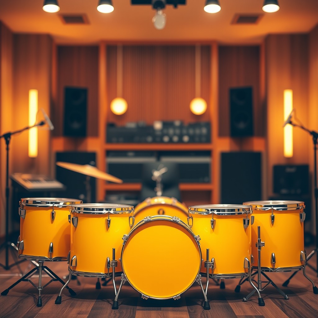 A vibrant and eye-catching image featuring a set of six solid yellow drum quads arranged at the bottom of the frame