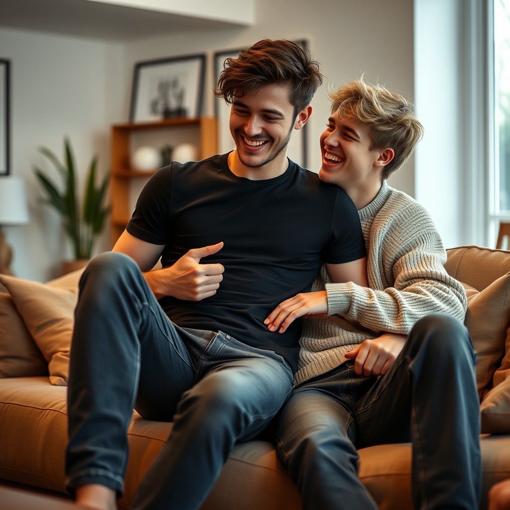 An intimate and playful scene depicting a confident young man with dark hair and a stylish outfit comfortably sitting on the lap of another young man with a warm smile and tousled blonde hair