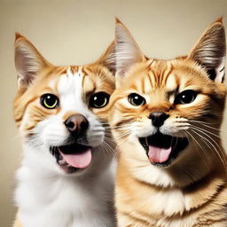 A cat and a dog portraying expressions of anger with fur bristled, teeth showing and eyes glaring.