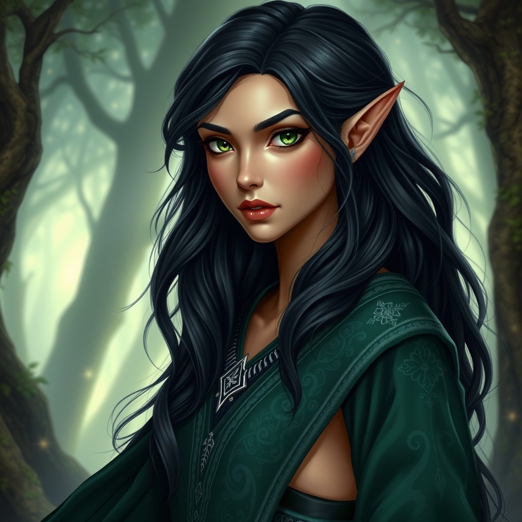 A tall female elf with a medium golden tan, showcasing a lean and athletic body