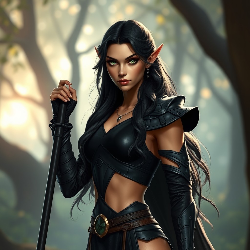 A tall, realistic female elf with a medium golden tan and a lean body, embodying the essence of a powerful mage