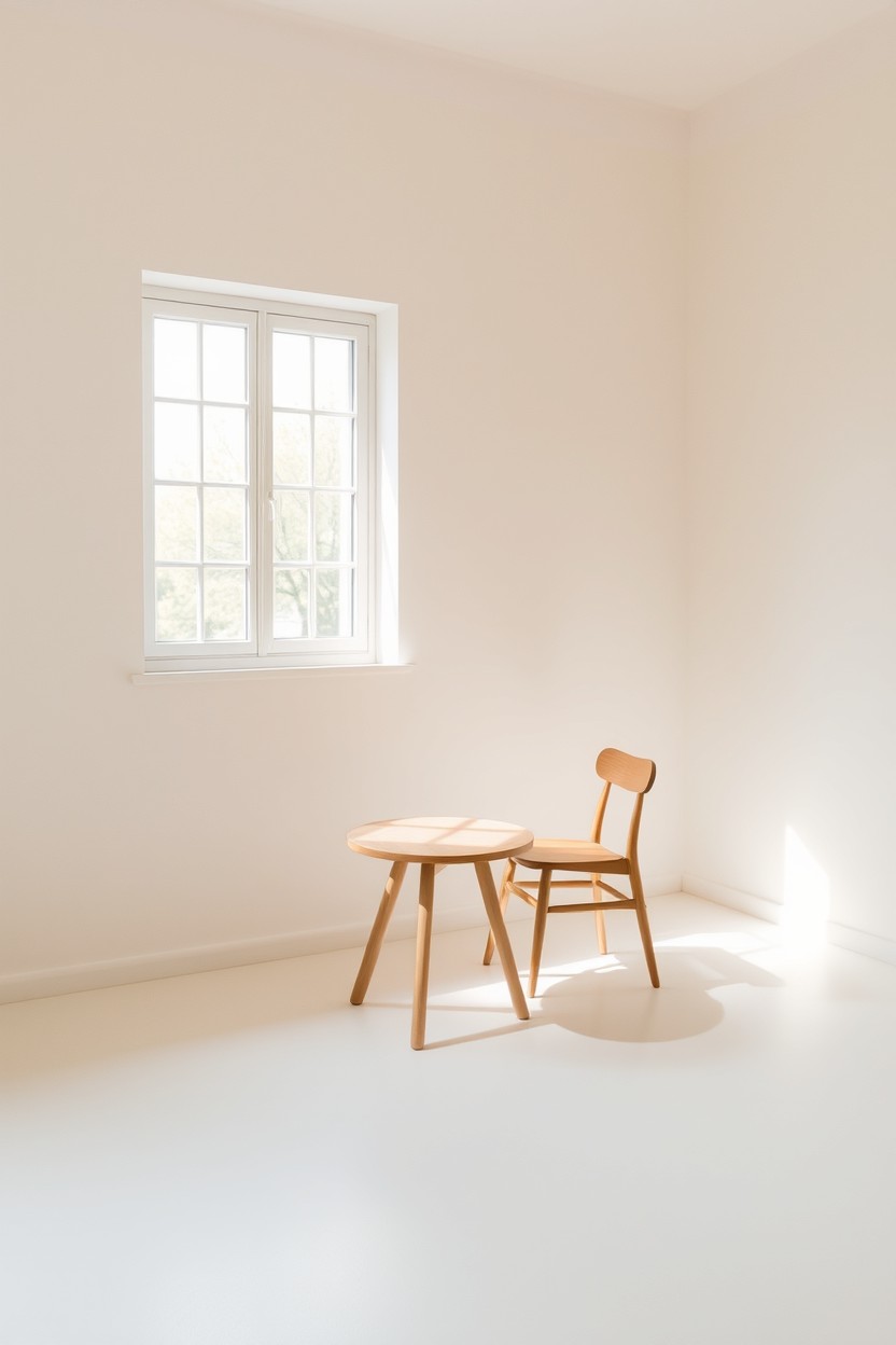 A minimalist room filled with gentle, soft morning light, highlighting the simplicity and tranquility of the space