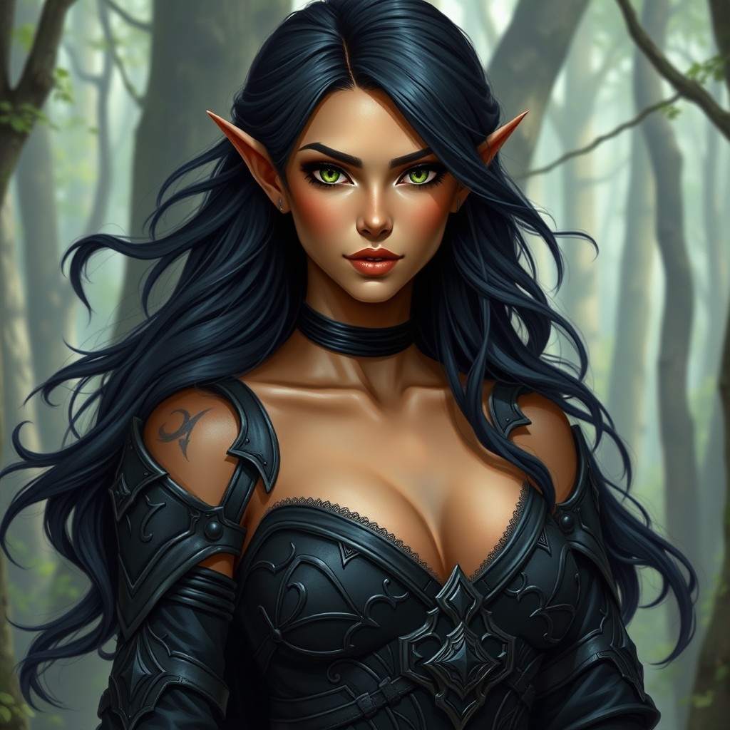 A stunning female elf with medium golden tan skin, depicted as a tall and lean figure