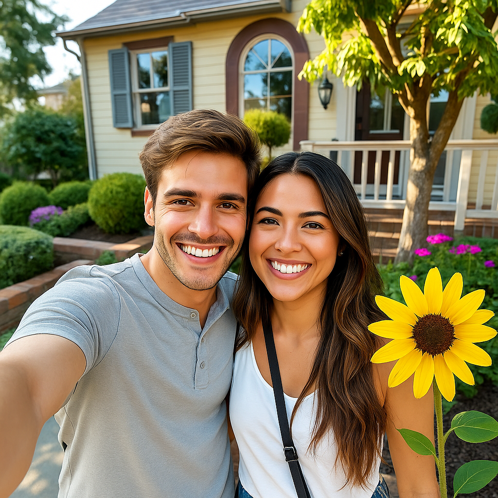 A beautiful outdoor scene featuring a cheerful young couple taking a selfie in front of a charming house with well-maintained gardens