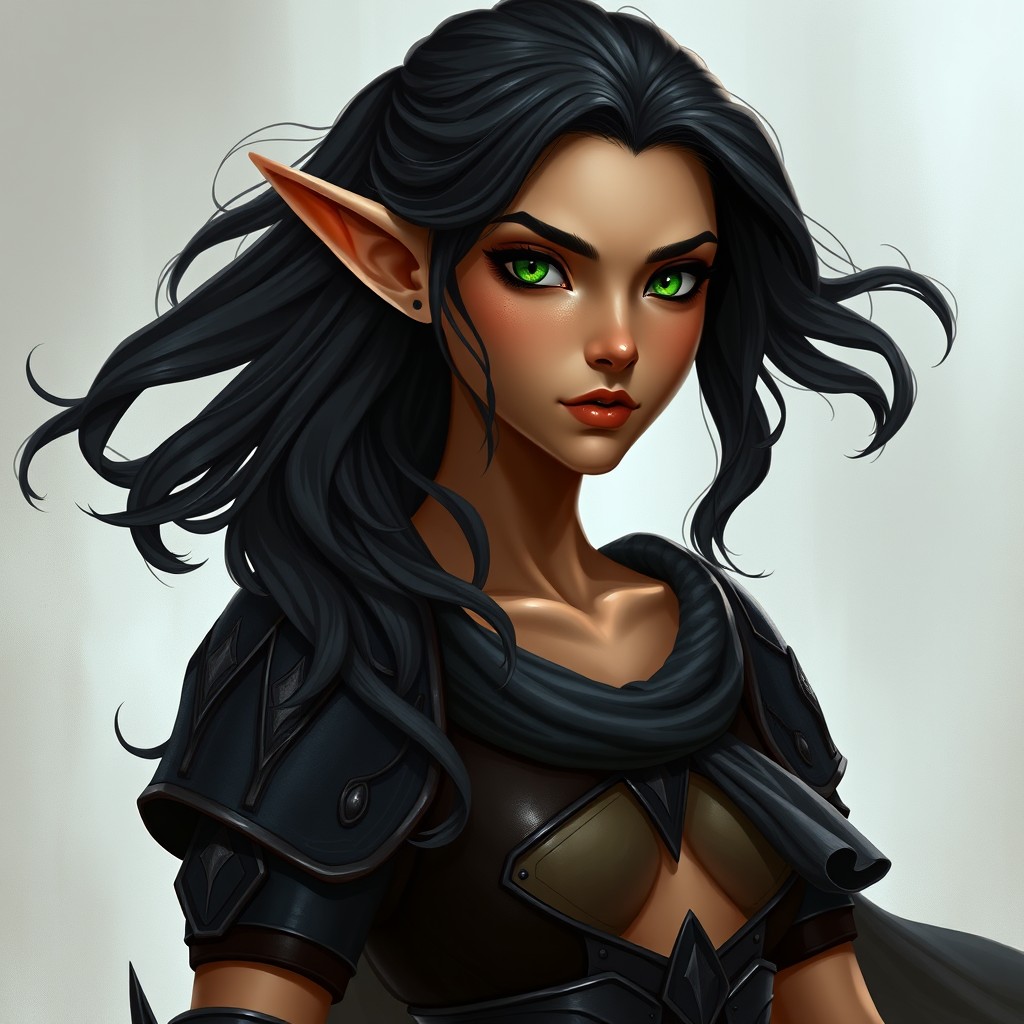 A realistic female elf with medium golden tan skin, exhibiting a lean body and tall stature