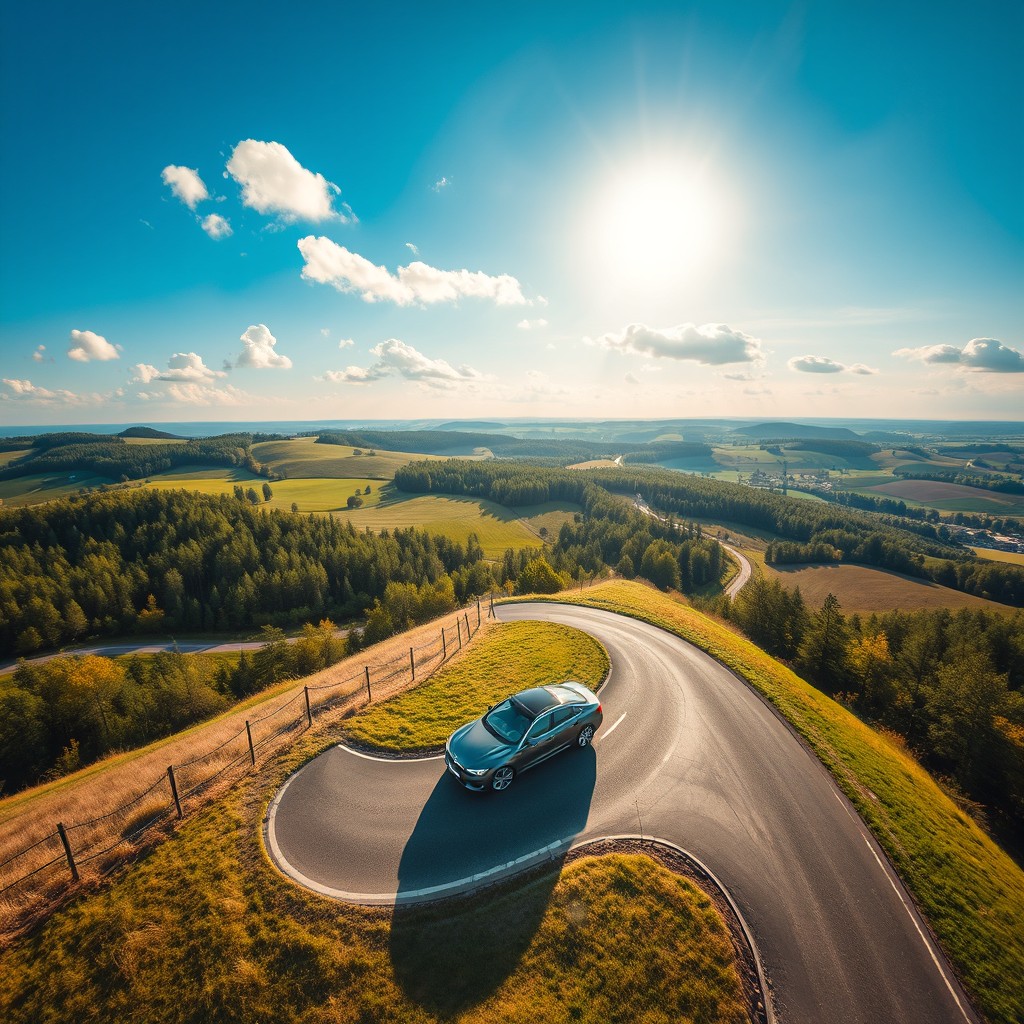 A breathtaking aerial view of a beautiful German landscape, featuring rolling hills, lush green forests, and a winding road where a sleek car is driving happily around the curves