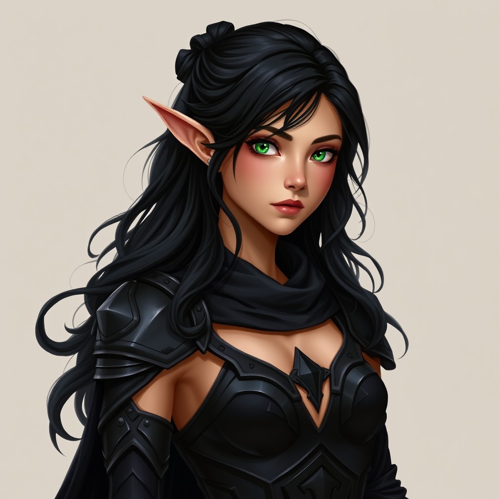 A realistic female elf character with a medium golden tan and a lean body