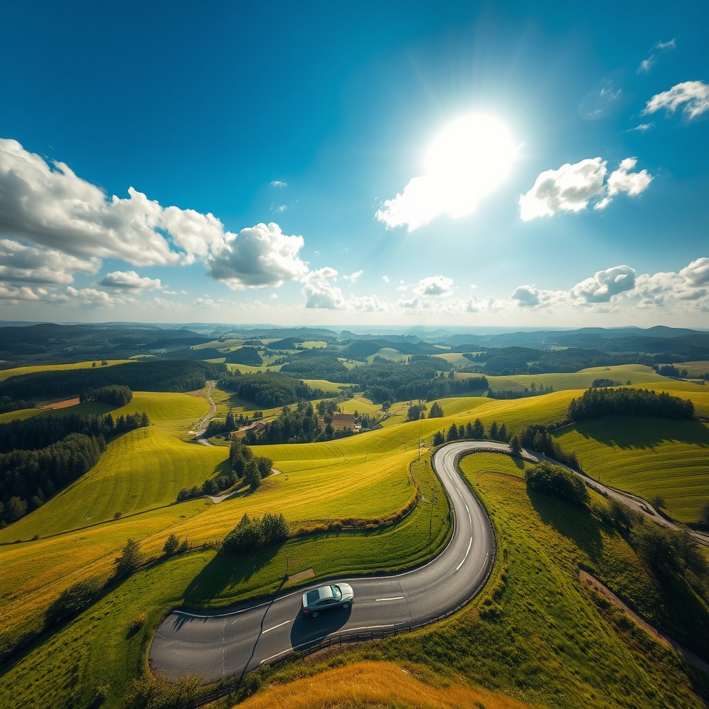 An enchanting aerial view of a stunning German landscape, featuring picturesque rolling hills, vibrant green fields, and a scenic winding road where a charming car is driving around gracefully