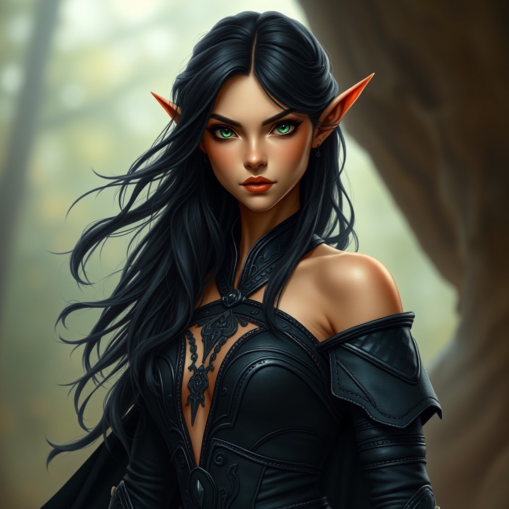 A realistic female elf with medium golden tan skin, showcasing a lean body