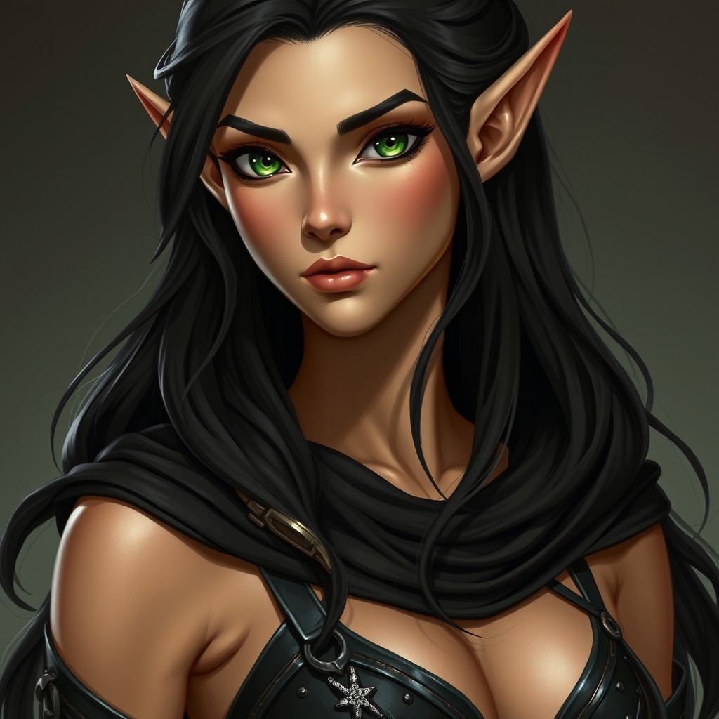 A realistic depiction of a female elf character, showcasing a medium golden tan complexion and a lean, athletic body