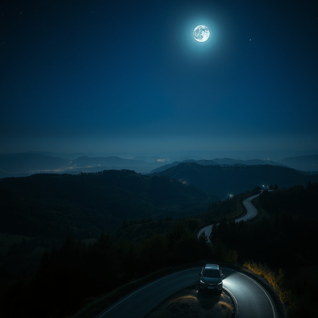 An enchanting aerial nighttime view of a beautiful German landscape, showcasing rolling hills and lush forests illuminated by the soft glow of moonlight