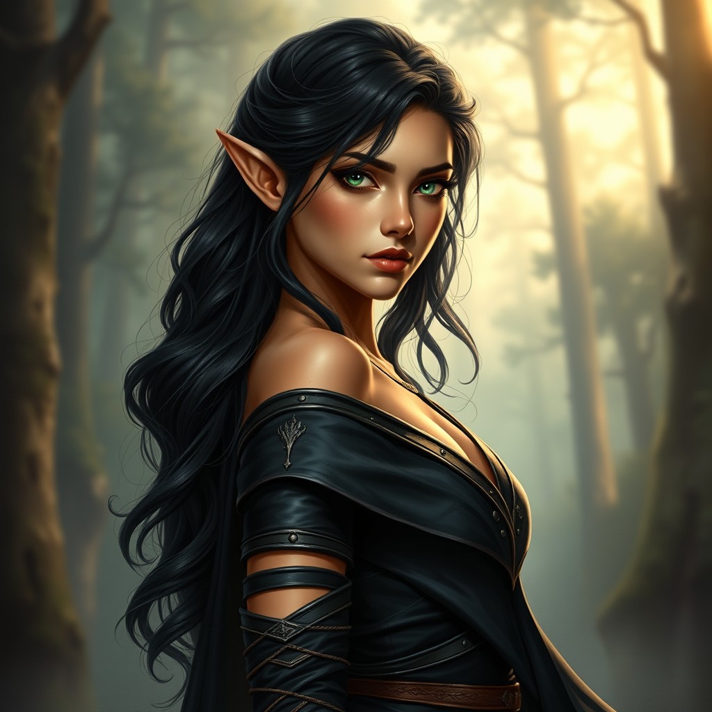 A highly realistic portrayal of a female elf mage with a medium golden tan and a lean body