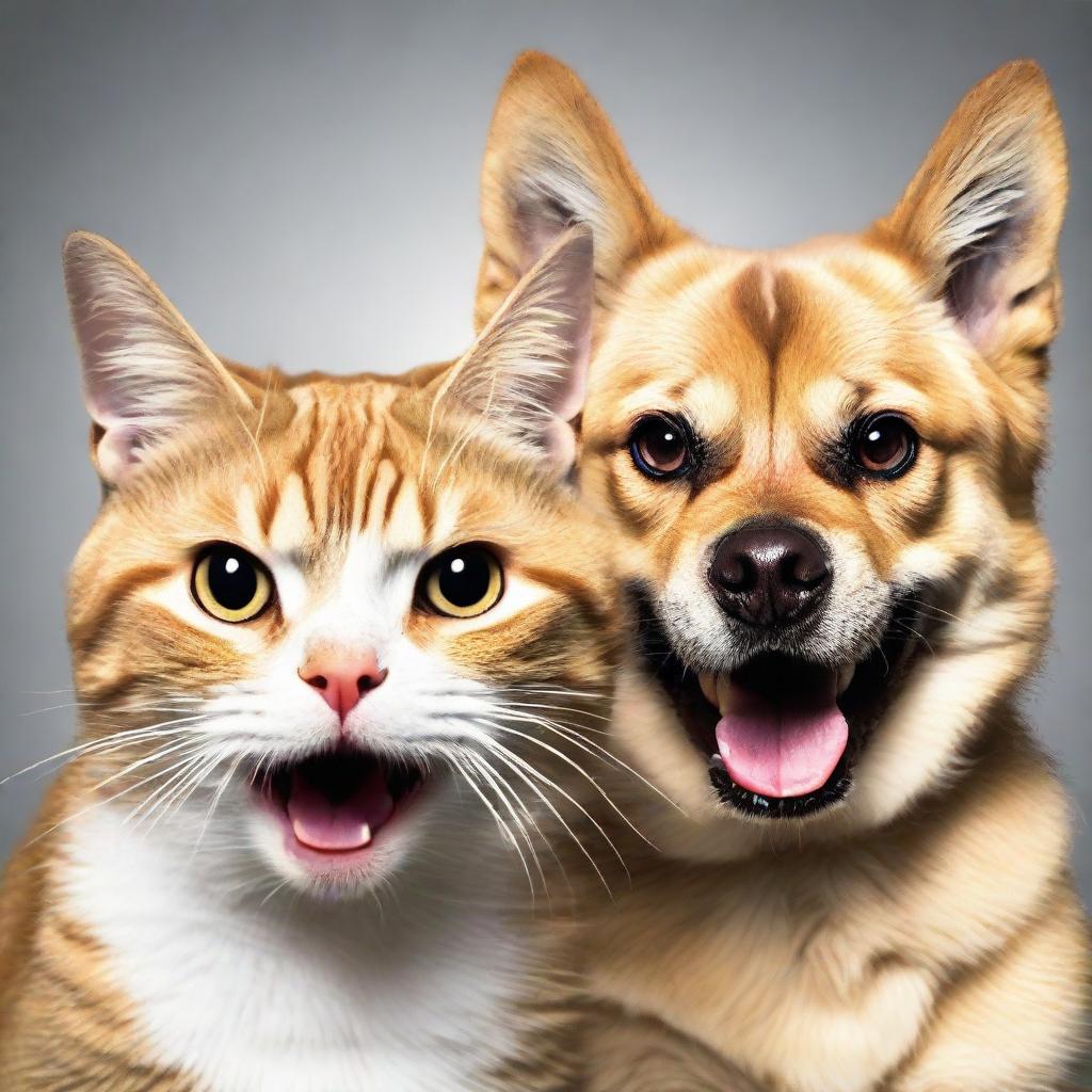 A cat and a dog portraying expressions of anger with fur bristled, teeth showing and eyes glaring.