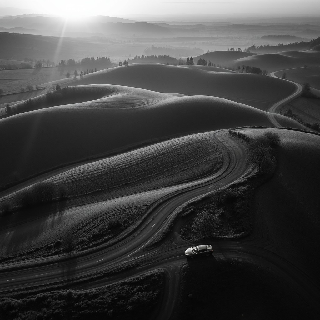 A stunning aerial view of a beautiful German landscape captured at sunrise, presented in elegant black and white