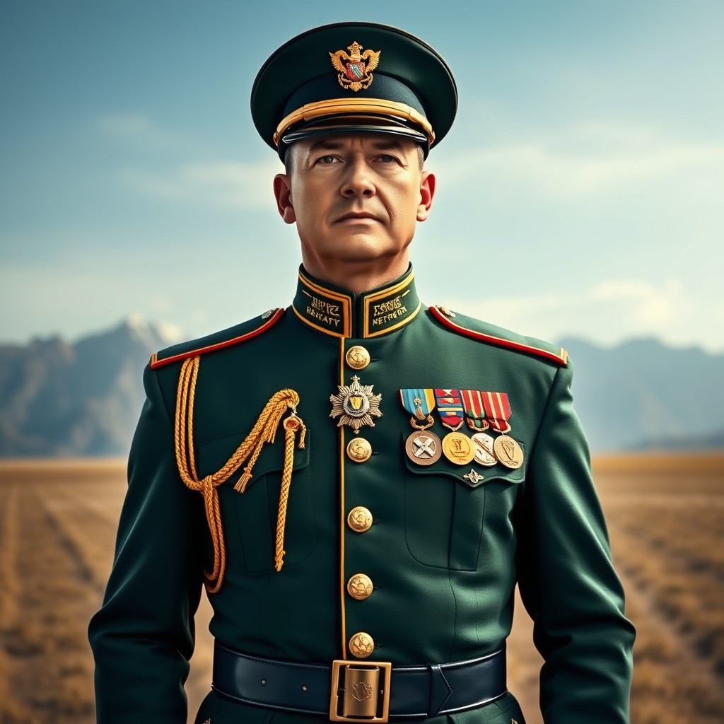 An imposing figure in a detailed, traditional military uniform, featuring intricate decorations and a dignified stance