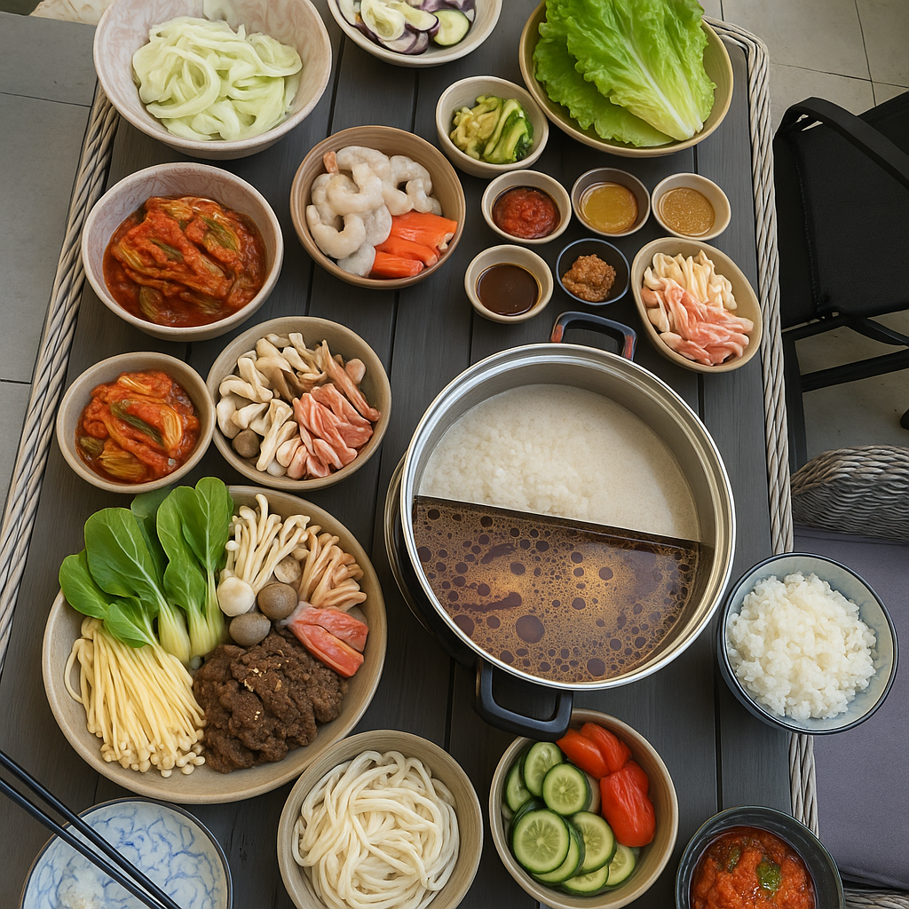 A beautifully arranged outdoor table set for a traditional Korean meal