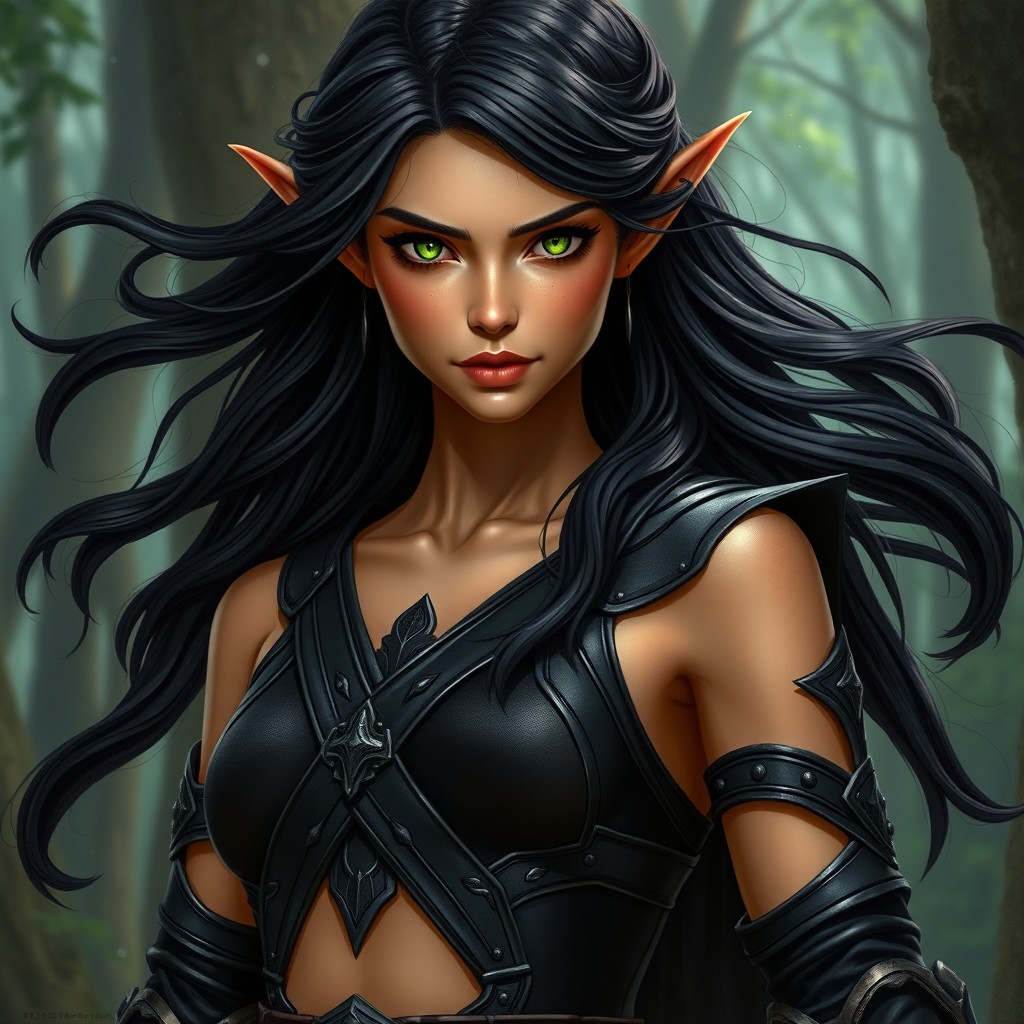 A super realistic female elf with a medium golden tan and a lean body, standing tall