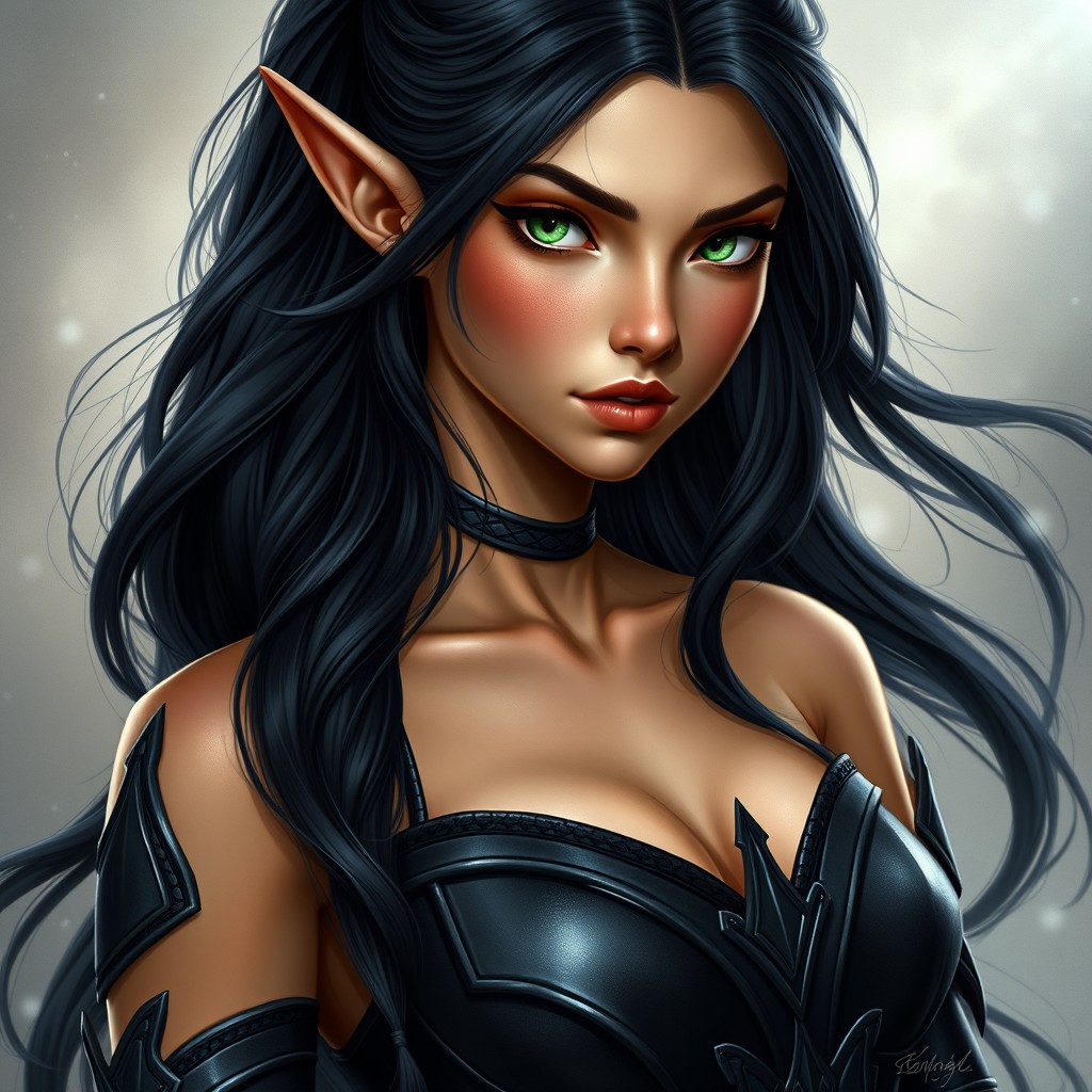 A stunningly realistic female elf character, showcasing medium golden tan skin and a lean athletic body