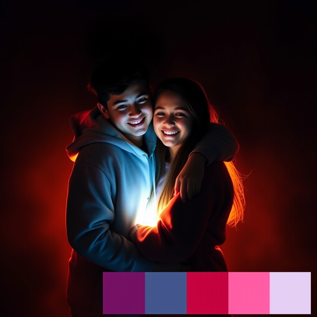 A heartwarming scene of young individuals embracing each other, surrounded by a warm, luminous glow while the rest of the environment is enveloped in darkness
