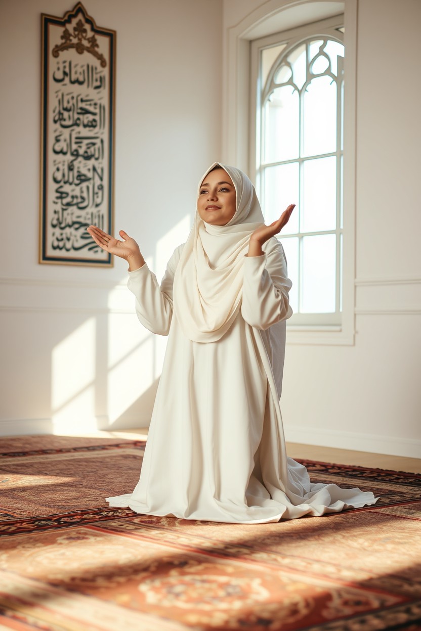 A serene scene depicting a young woman dressed in traditional Islamic attire, on a beautifully patterned prayer rug