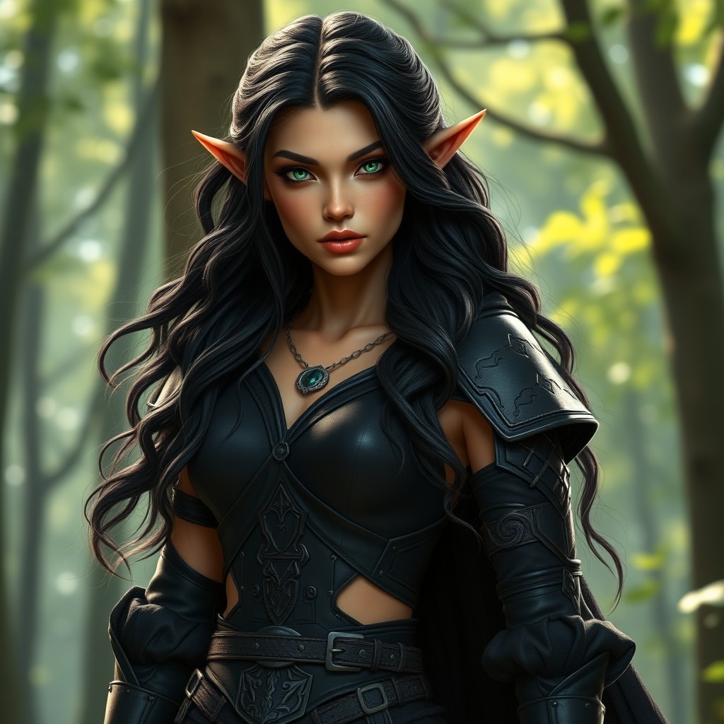 A super realistic female elf with a medium golden tan and a lean body, tall in stature, embodies the essence of a powerful mage