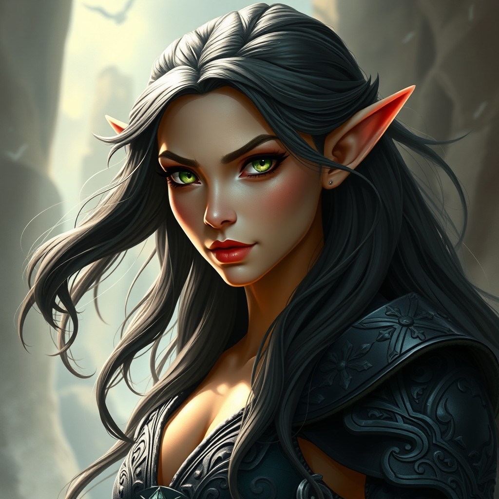 A stunningly realistic depiction of a tall female elf with a medium golden tan, featuring a lean athletic build