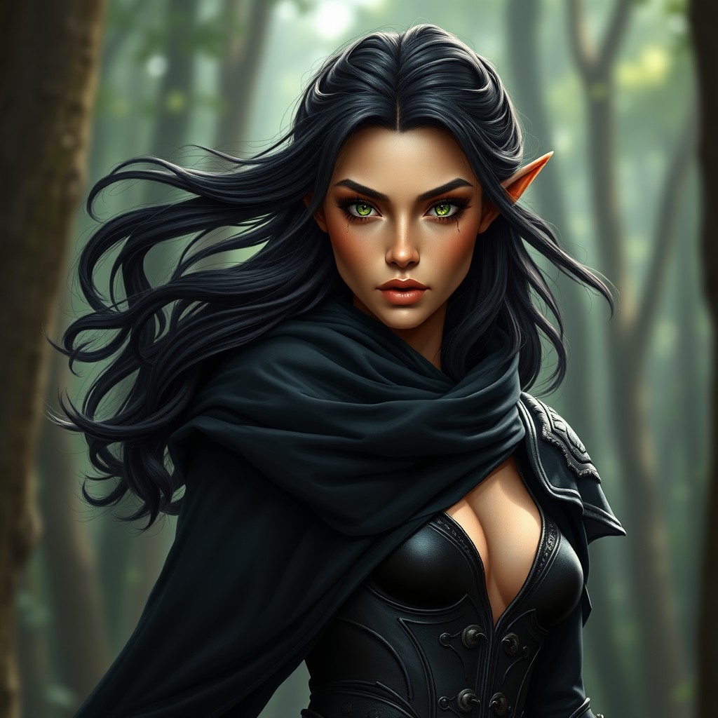 A super realistic female elf with a medium golden tan, tall and with a lean body